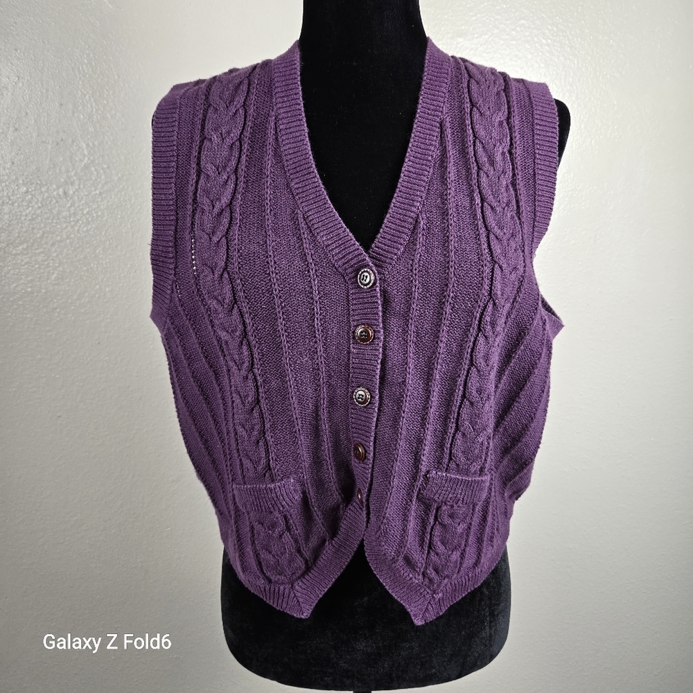 Ashley Hill Purple Cable Knit‎ Sweater Vest Size L Ramie Cotton Vintage 80s